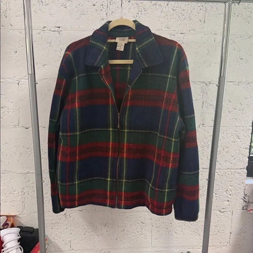 TEDDI Womens Vintage Fleece Winter Jacket Plaid Green Blue Red LIKE NEW - Medium